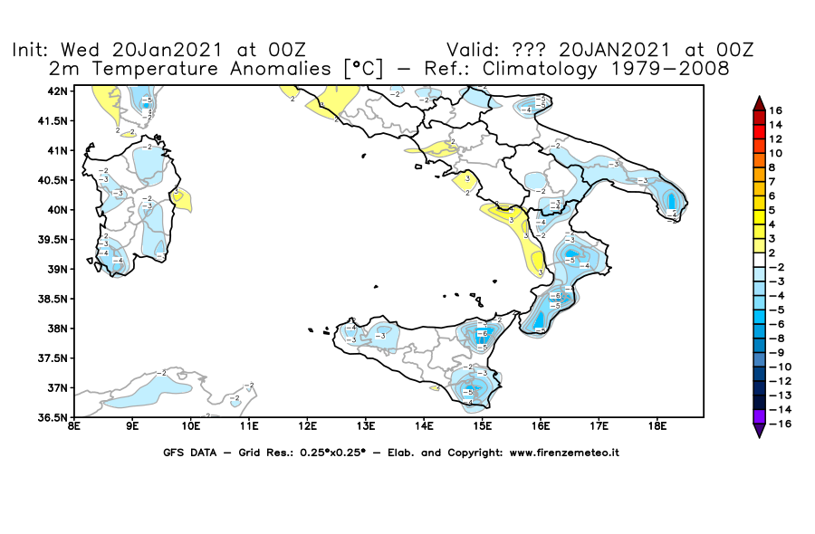 Mappa di analisi GFS - Anomalia Temperatura [°C] a 2 m in Sud-Italia
							del 20/01/2021 00 <!--googleoff: index-->UTC<!--googleon: index-->