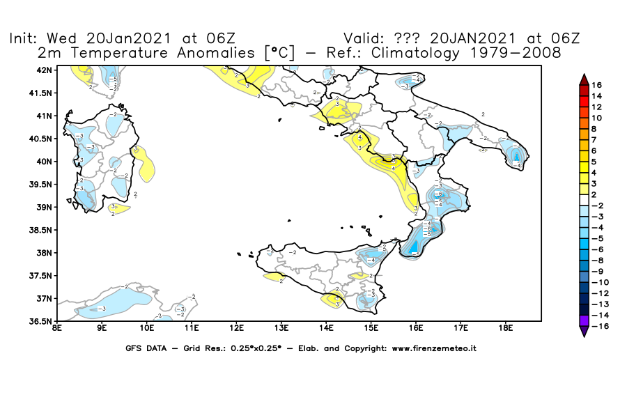 Mappa di analisi GFS - Anomalia Temperatura [°C] a 2 m in Sud-Italia
							del 20/01/2021 06 <!--googleoff: index-->UTC<!--googleon: index-->