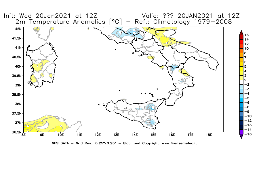 Mappa di analisi GFS - Anomalia Temperatura [°C] a 2 m in Sud-Italia
							del 20/01/2021 12 <!--googleoff: index-->UTC<!--googleon: index-->