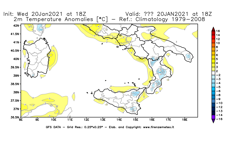 Mappa di analisi GFS - Anomalia Temperatura [°C] a 2 m in Sud-Italia
									del 20/01/2021 18 <!--googleoff: index-->UTC<!--googleon: index-->