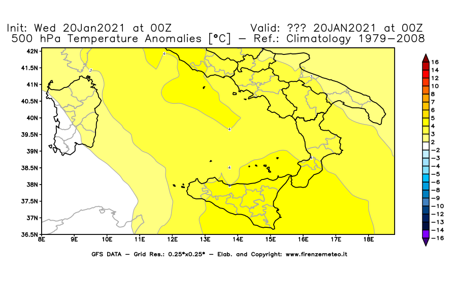 Mappa di analisi GFS - Anomalia Temperatura [°C] a 500 hPa in Sud-Italia
							del 20/01/2021 00 <!--googleoff: index-->UTC<!--googleon: index-->
