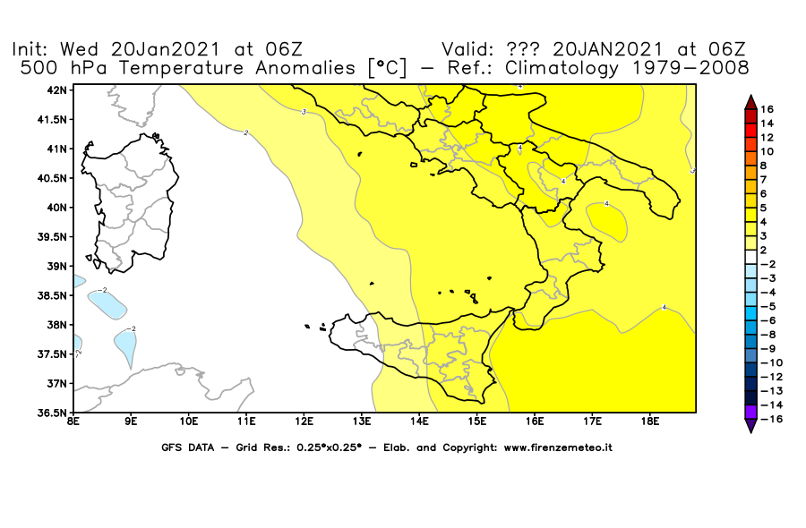 Mappa di analisi GFS - Anomalia Temperatura [°C] a 500 hPa in Sud-Italia
							del 20/01/2021 06 <!--googleoff: index-->UTC<!--googleon: index-->