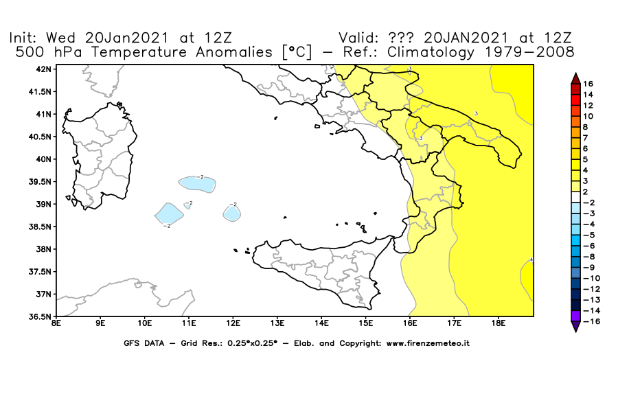 Mappa di analisi GFS - Anomalia Temperatura [°C] a 500 hPa in Sud-Italia
									del 20/01/2021 12 <!--googleoff: index-->UTC<!--googleon: index-->