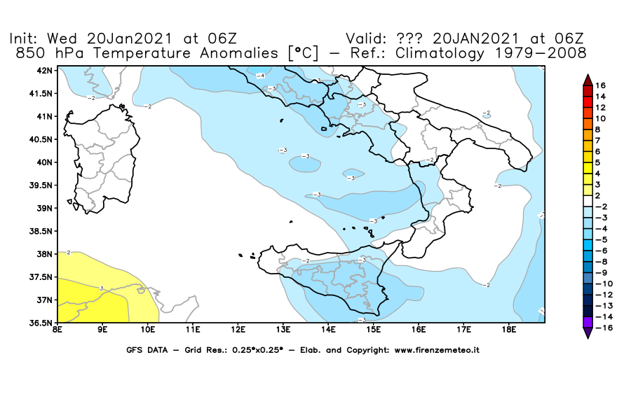 Mappa di analisi GFS - Anomalia Temperatura [°C] a 850 hPa in Sud-Italia
							del 20/01/2021 06 <!--googleoff: index-->UTC<!--googleon: index-->