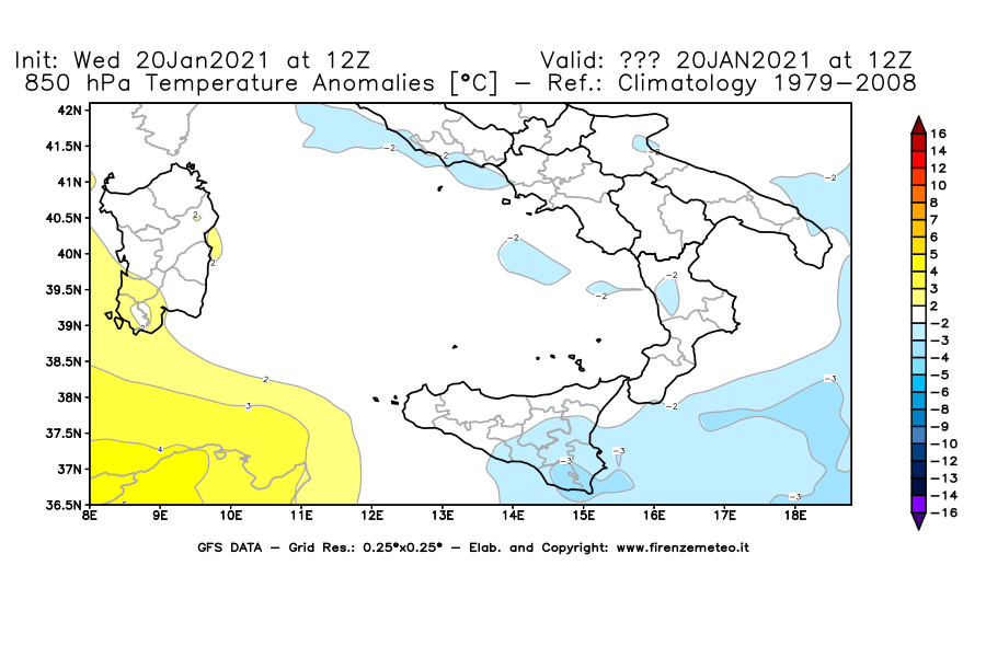 Mappa di analisi GFS - Anomalia Temperatura [°C] a 850 hPa in Sud-Italia
							del 20/01/2021 12 <!--googleoff: index-->UTC<!--googleon: index-->