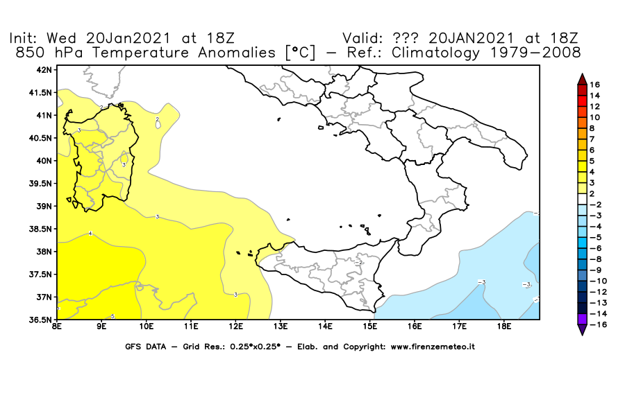 Mappa di analisi GFS - Anomalia Temperatura [°C] a 850 hPa in Sud-Italia
							del 20/01/2021 18 <!--googleoff: index-->UTC<!--googleon: index-->