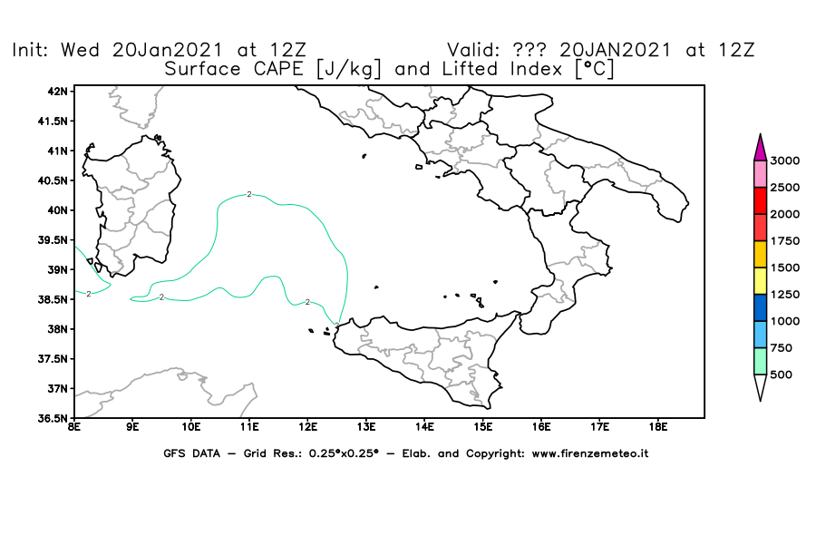 Mappa di analisi GFS - CAPE [J/kg] e Lifted Index [°C] in Sud-Italia
							del 20/01/2021 12 <!--googleoff: index-->UTC<!--googleon: index-->