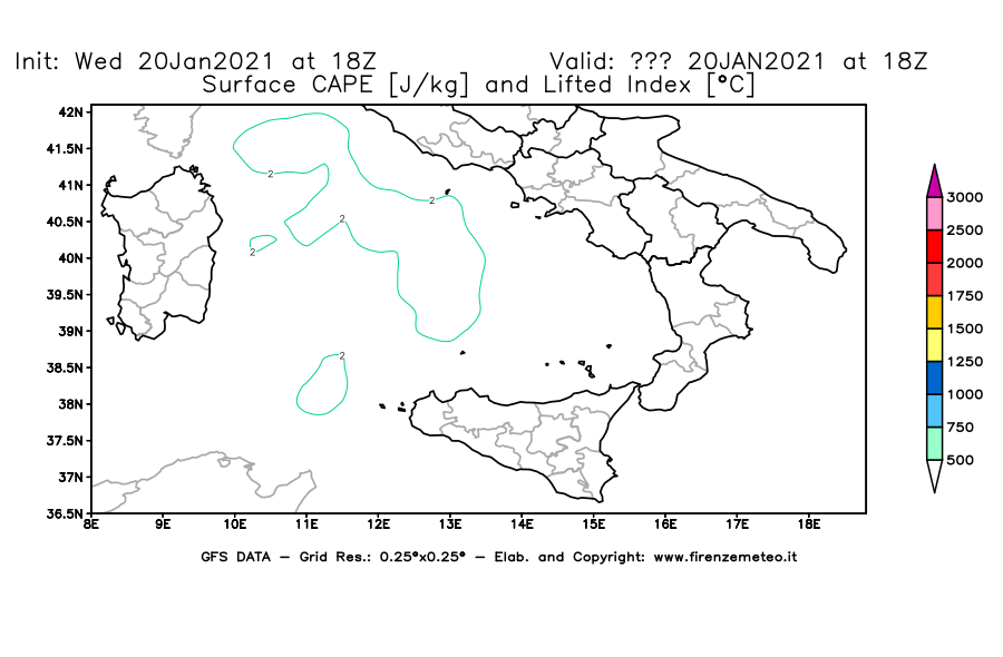 Mappa di analisi GFS - CAPE [J/kg] e Lifted Index [°C] in Sud-Italia
							del 20/01/2021 18 <!--googleoff: index-->UTC<!--googleon: index-->
