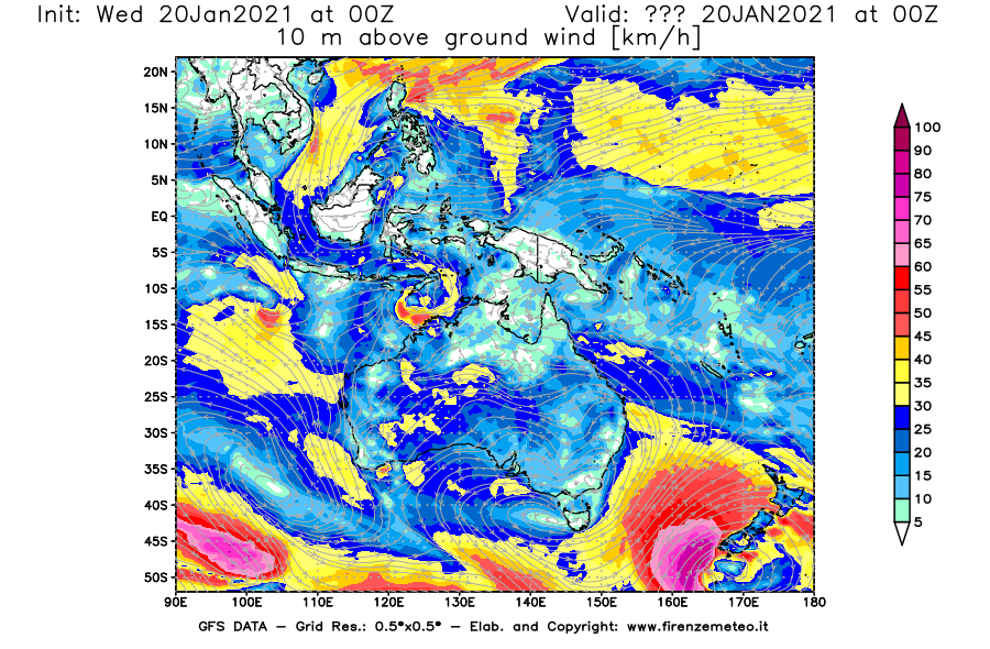 Mappa di analisi GFS - Velocità del vento a 10 metri dal suolo [km/h] in Oceania
							del 20/01/2021 00 <!--googleoff: index-->UTC<!--googleon: index-->