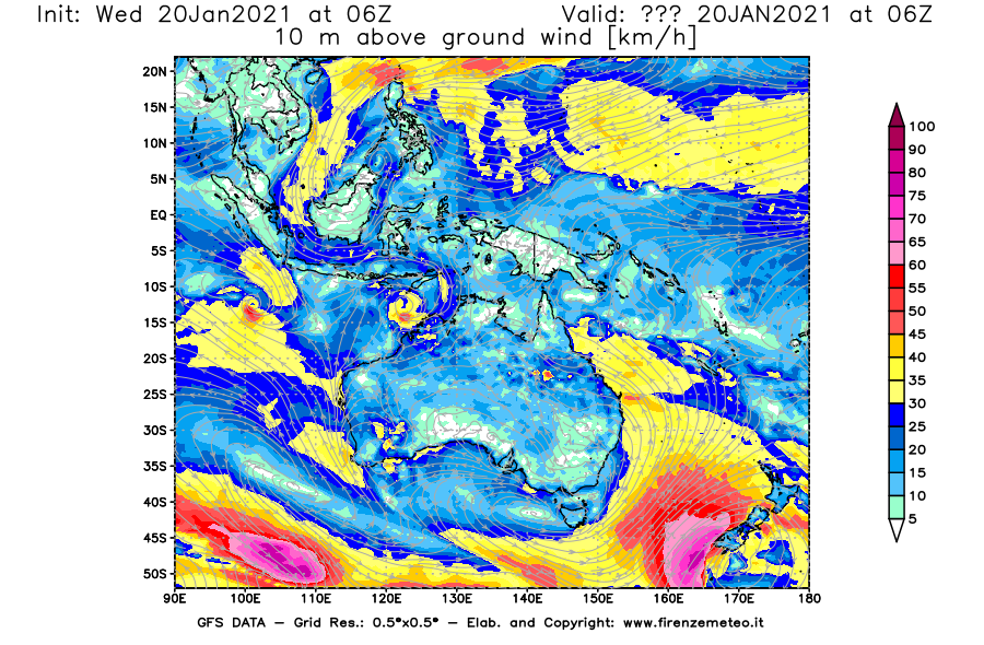 Mappa di analisi GFS - Velocità del vento a 10 metri dal suolo [km/h] in Oceania
							del 20/01/2021 06 <!--googleoff: index-->UTC<!--googleon: index-->
