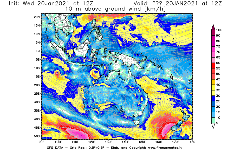 Mappa di analisi GFS - Velocità del vento a 10 metri dal suolo [km/h] in Oceania
							del 20/01/2021 12 <!--googleoff: index-->UTC<!--googleon: index-->