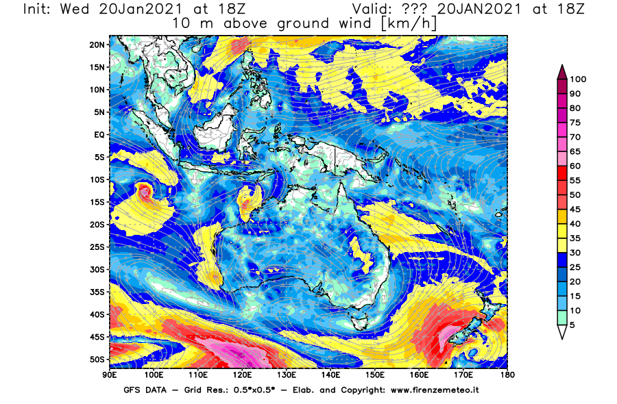 Mappa di analisi GFS - Velocità del vento a 10 metri dal suolo [km/h] in Oceania
									del 20/01/2021 18 <!--googleoff: index-->UTC<!--googleon: index-->