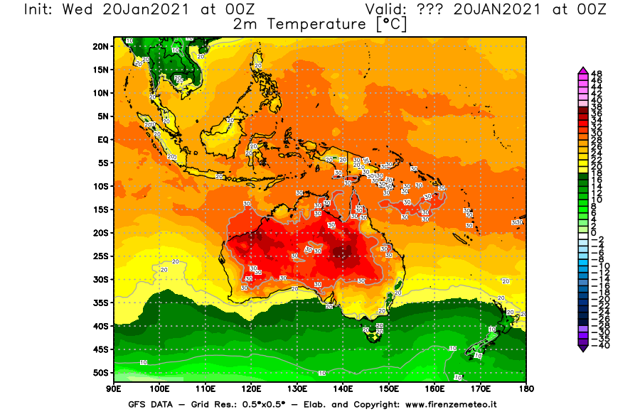 Mappa di analisi GFS - Temperatura a 2 metri dal suolo [°C] in Oceania
									del 20/01/2021 00 <!--googleoff: index-->UTC<!--googleon: index-->