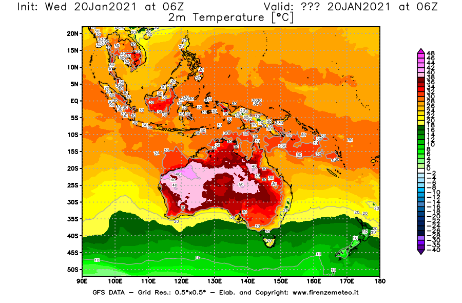 Mappa di analisi GFS - Temperatura a 2 metri dal suolo [°C] in Oceania
									del 20/01/2021 06 <!--googleoff: index-->UTC<!--googleon: index-->