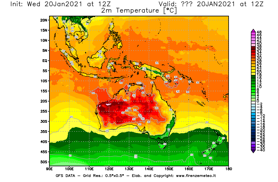 Mappa di analisi GFS - Temperatura a 2 metri dal suolo [°C] in Oceania
									del 20/01/2021 12 <!--googleoff: index-->UTC<!--googleon: index-->