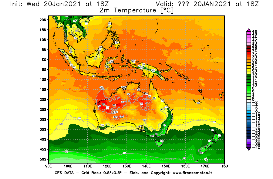 Mappa di analisi GFS - Temperatura a 2 metri dal suolo [°C] in Oceania
							del 20/01/2021 18 <!--googleoff: index-->UTC<!--googleon: index-->