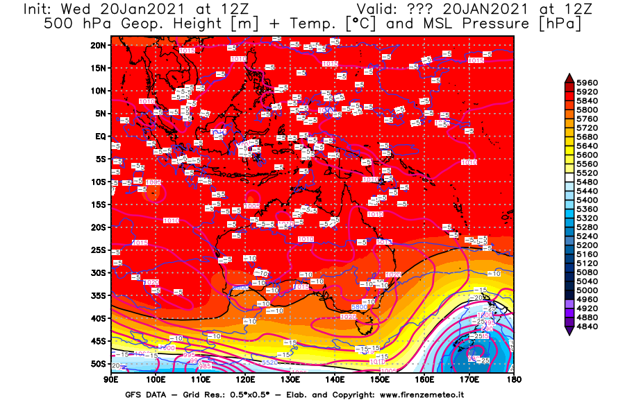 Mappa di analisi GFS - Geopotenziale [m] + Temp. [°C] a 500 hPa + Press. a livello del mare [hPa] in Oceania
							del 20/01/2021 12 <!--googleoff: index-->UTC<!--googleon: index-->