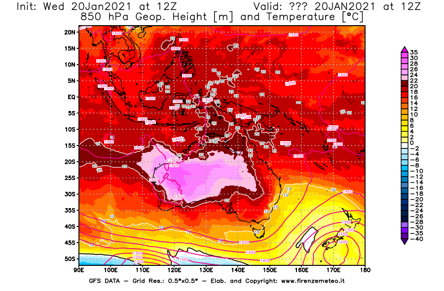 Mappa di analisi GFS - Geopotenziale [m] e Temperatura [°C] a 850 hPa in Oceania
							del 20/01/2021 12 <!--googleoff: index-->UTC<!--googleon: index-->