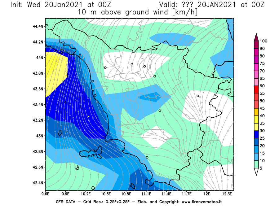 Mappa di analisi GFS - Velocità del vento a 10 metri dal suolo [km/h] in Toscana
							del 20/01/2021 00 <!--googleoff: index-->UTC<!--googleon: index-->
