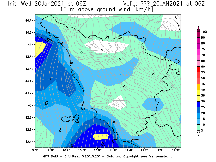 Mappa di analisi GFS - Velocità del vento a 10 metri dal suolo [km/h] in Toscana
							del 20/01/2021 06 <!--googleoff: index-->UTC<!--googleon: index-->