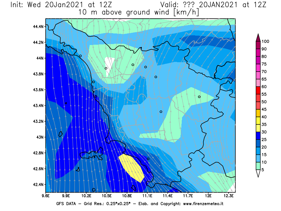Mappa di analisi GFS - Velocità del vento a 10 metri dal suolo [km/h] in Toscana
									del 20/01/2021 12 <!--googleoff: index-->UTC<!--googleon: index-->