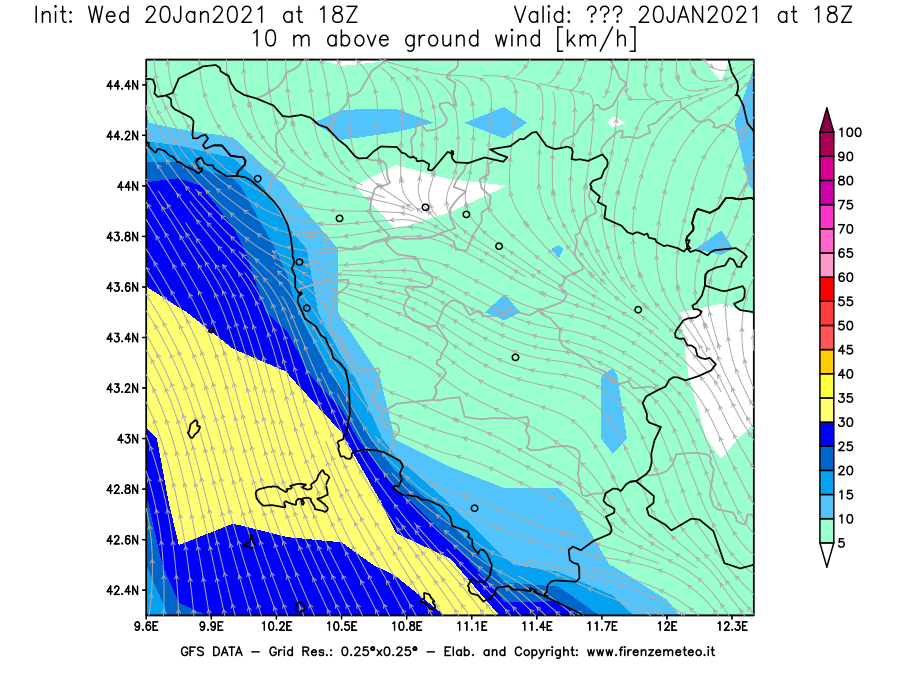 Mappa di analisi GFS - Velocità del vento a 10 metri dal suolo [km/h] in Toscana
							del 20/01/2021 18 <!--googleoff: index-->UTC<!--googleon: index-->