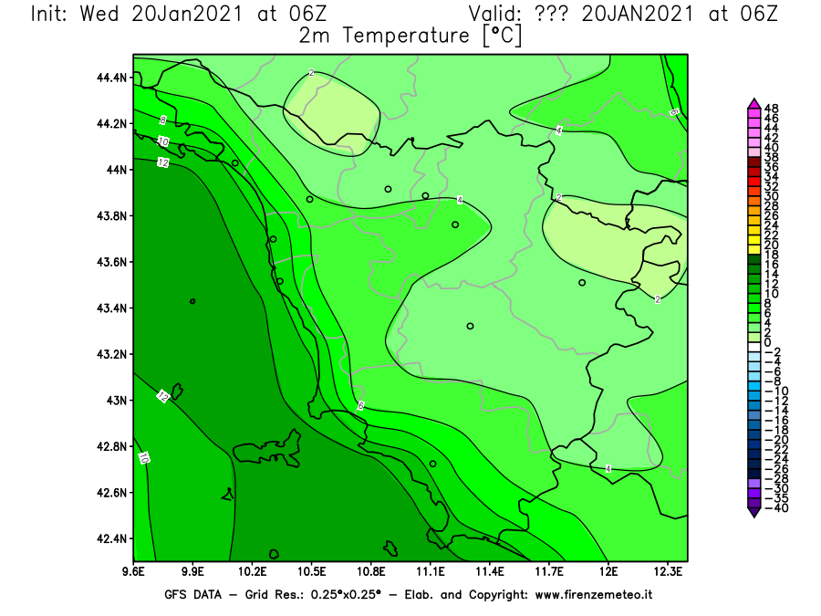 Mappa di analisi GFS - Temperatura a 2 metri dal suolo [°C] in Toscana
									del 20/01/2021 06 <!--googleoff: index-->UTC<!--googleon: index-->