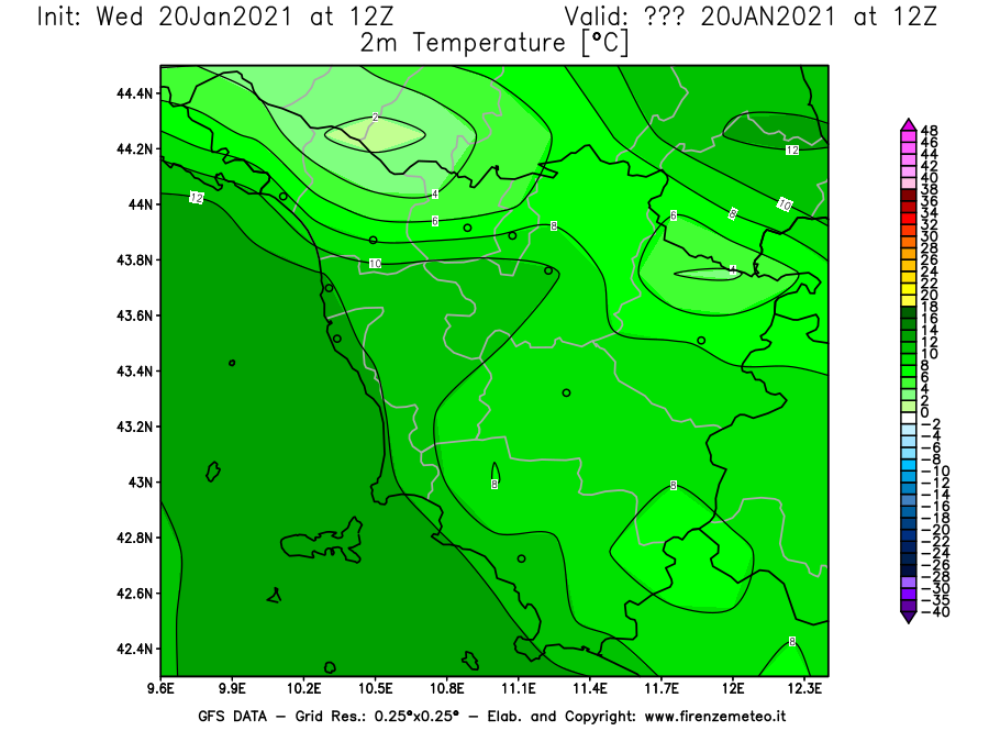 Mappa di analisi GFS - Temperatura a 2 metri dal suolo [°C] in Toscana
							del 20/01/2021 12 <!--googleoff: index-->UTC<!--googleon: index-->