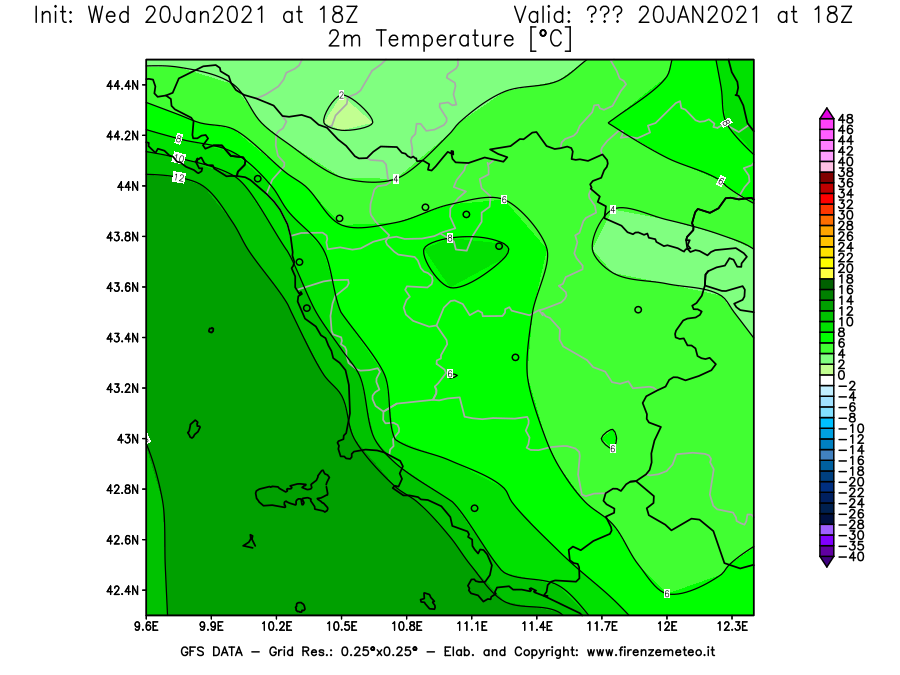 Mappa di analisi GFS - Temperatura a 2 metri dal suolo [°C] in Toscana
							del 20/01/2021 18 <!--googleoff: index-->UTC<!--googleon: index-->