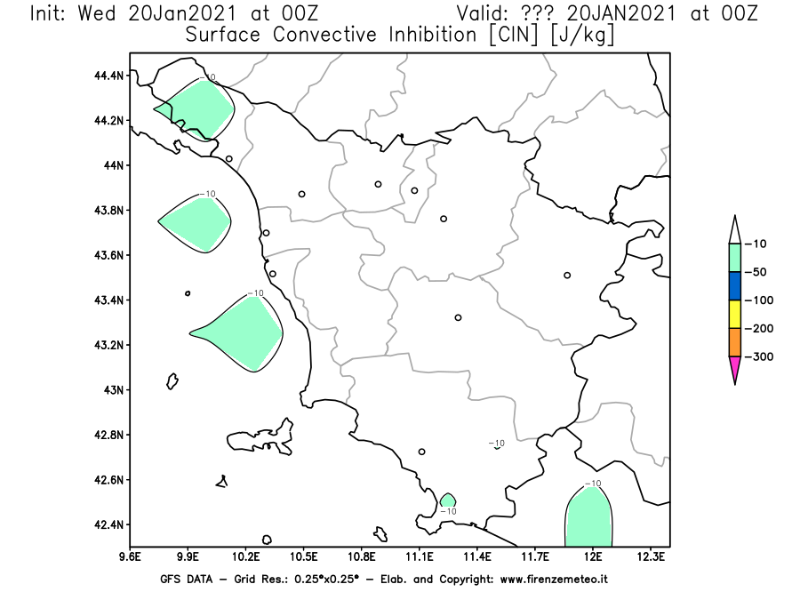 Mappa di analisi GFS - CIN [J/kg] in Toscana
									del 20/01/2021 00 <!--googleoff: index-->UTC<!--googleon: index-->