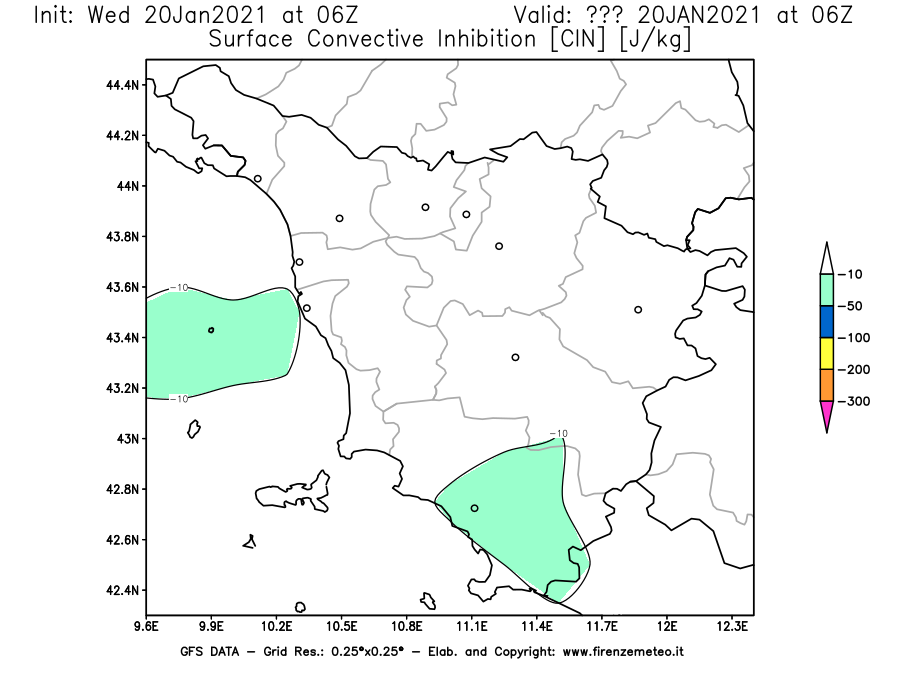 Mappa di analisi GFS - CIN [J/kg] in Toscana
									del 20/01/2021 06 <!--googleoff: index-->UTC<!--googleon: index-->