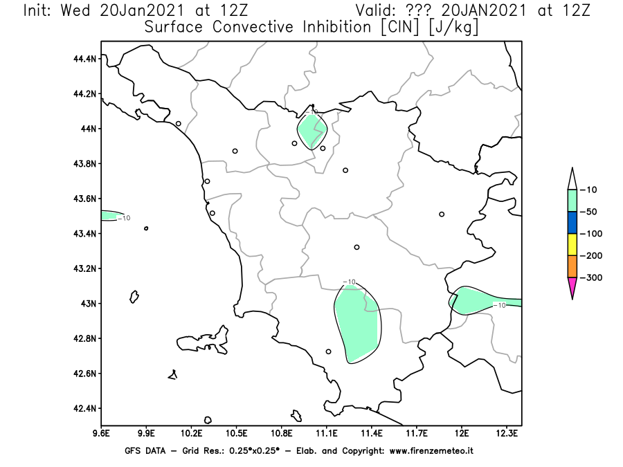 Mappa di analisi GFS - CIN [J/kg] in Toscana
							del 20/01/2021 12 <!--googleoff: index-->UTC<!--googleon: index-->