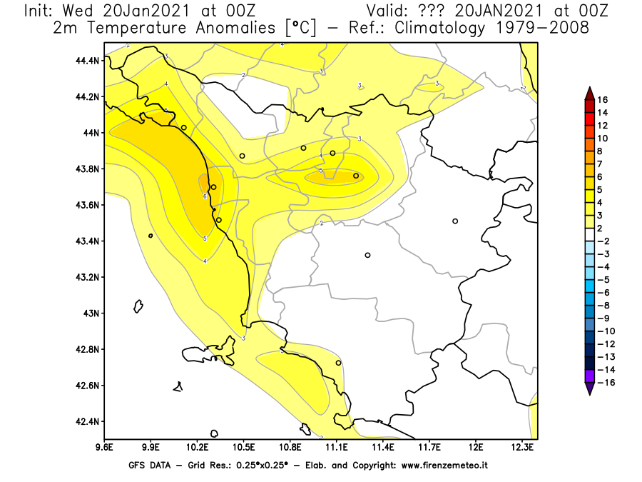 Mappa di analisi GFS - Anomalia Temperatura [°C] a 2 m in Toscana
							del 20/01/2021 00 <!--googleoff: index-->UTC<!--googleon: index-->