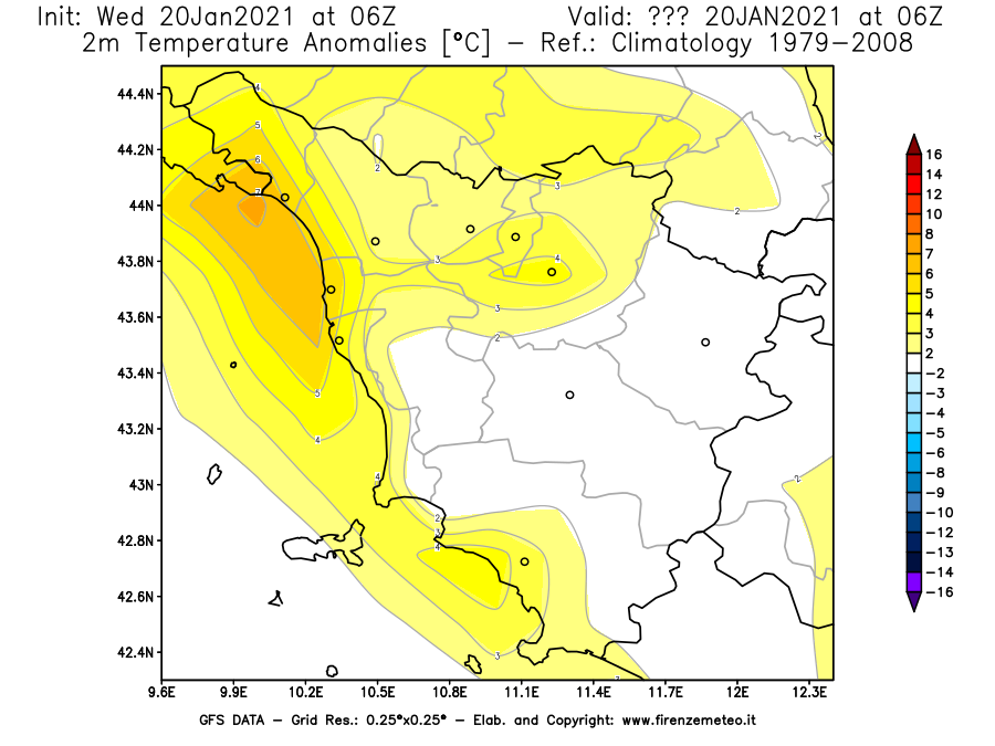 Mappa di analisi GFS - Anomalia Temperatura [°C] a 2 m in Toscana
							del 20/01/2021 06 <!--googleoff: index-->UTC<!--googleon: index-->