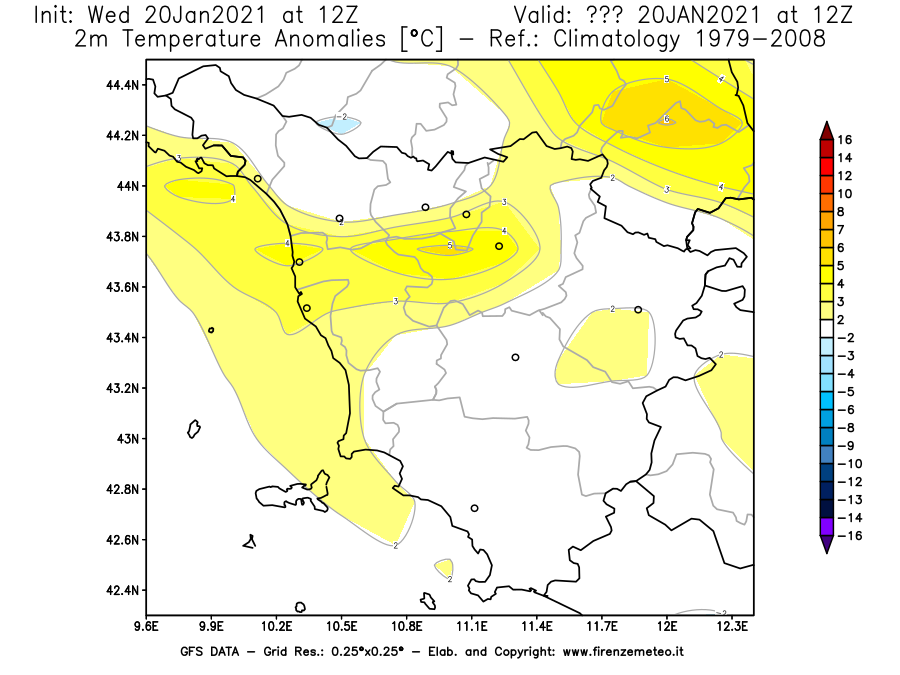 Mappa di analisi GFS - Anomalia Temperatura [°C] a 2 m in Toscana
									del 20/01/2021 12 <!--googleoff: index-->UTC<!--googleon: index-->