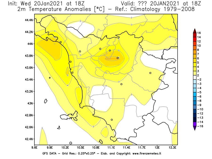 Mappa di analisi GFS - Anomalia Temperatura [°C] a 2 m in Toscana
									del 20/01/2021 18 <!--googleoff: index-->UTC<!--googleon: index-->