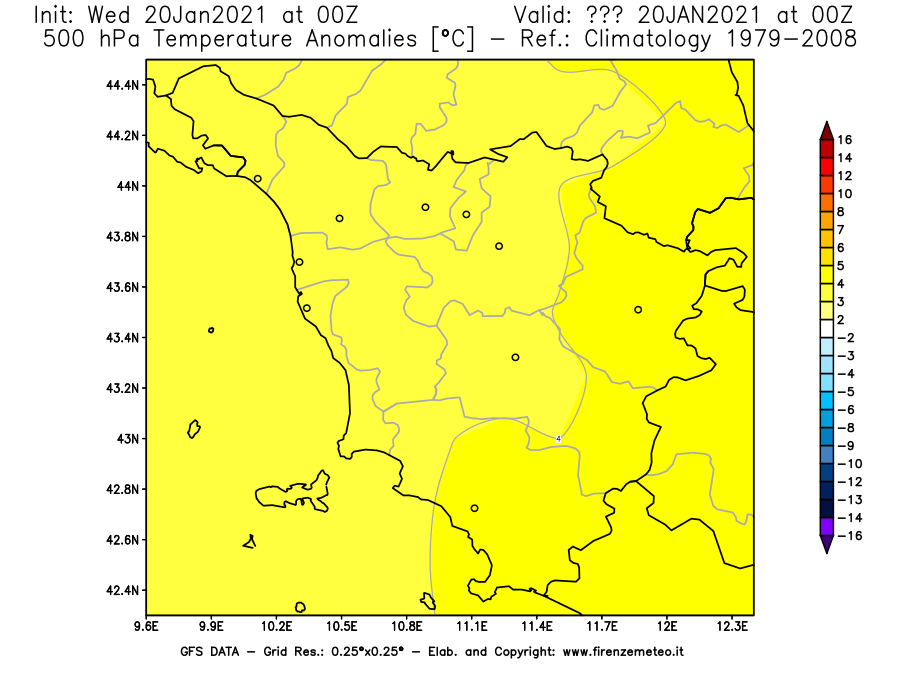 Mappa di analisi GFS - Anomalia Temperatura [°C] a 500 hPa in Toscana
							del 20/01/2021 00 <!--googleoff: index-->UTC<!--googleon: index-->