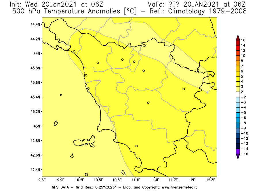 Mappa di analisi GFS - Anomalia Temperatura [°C] a 500 hPa in Toscana
							del 20/01/2021 06 <!--googleoff: index-->UTC<!--googleon: index-->