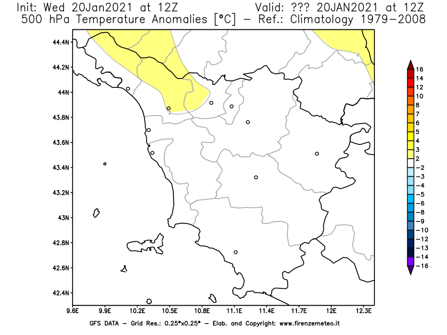 Mappa di analisi GFS - Anomalia Temperatura [°C] a 500 hPa in Toscana
							del 20/01/2021 12 <!--googleoff: index-->UTC<!--googleon: index-->