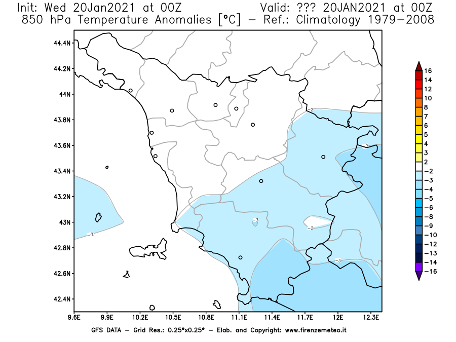 Mappa di analisi GFS - Anomalia Temperatura [°C] a 850 hPa in Toscana
							del 20/01/2021 00 <!--googleoff: index-->UTC<!--googleon: index-->