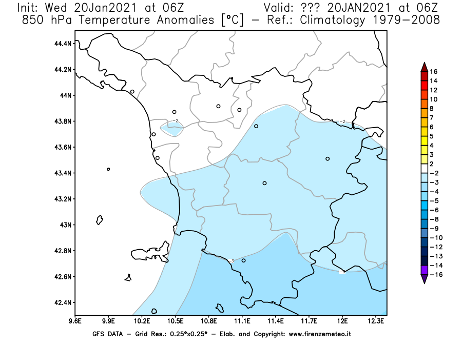Mappa di analisi GFS - Anomalia Temperatura [°C] a 850 hPa in Toscana
							del 20/01/2021 06 <!--googleoff: index-->UTC<!--googleon: index-->