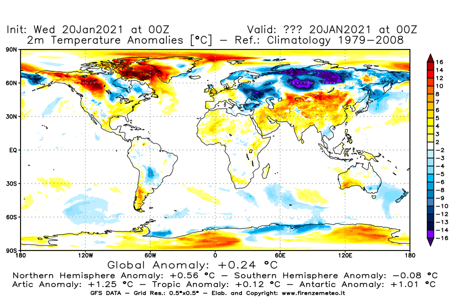 Mappa di analisi GFS - Anomalia Temperatura [°C] a 2 m in World
							del 20/01/2021 00 <!--googleoff: index-->UTC<!--googleon: index-->