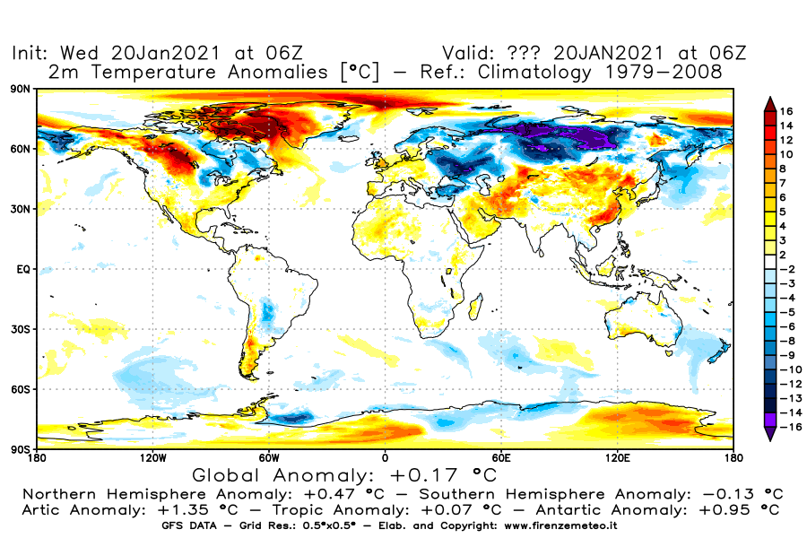 Mappa di analisi GFS - Anomalia Temperatura [°C] a 2 m in World
									del 20/01/2021 06 <!--googleoff: index-->UTC<!--googleon: index-->