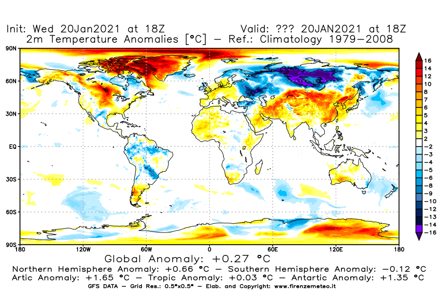 Mappa di analisi GFS - Anomalia Temperatura [°C] a 2 m in World
									del 20/01/2021 18 <!--googleoff: index-->UTC<!--googleon: index-->
