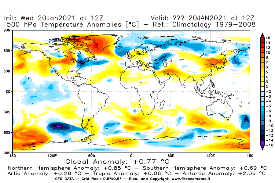 Mappa di analisi GFS - Anomalia Temperatura [°C] a 500 hPa in World
							del 20/01/2021 12 <!--googleoff: index-->UTC<!--googleon: index-->