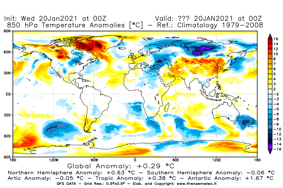 Mappa di analisi GFS - Anomalia Temperatura [°C] a 850 hPa in World
							del 20/01/2021 00 <!--googleoff: index-->UTC<!--googleon: index-->