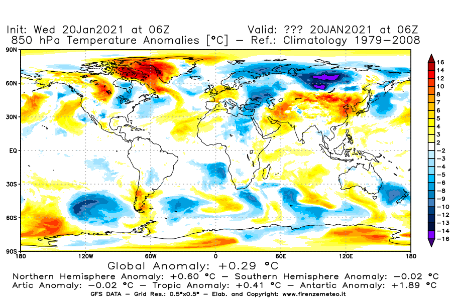 Mappa di analisi GFS - Anomalia Temperatura [°C] a 850 hPa in World
							del 20/01/2021 06 <!--googleoff: index-->UTC<!--googleon: index-->