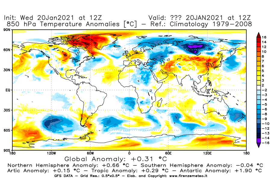 Mappa di analisi GFS - Anomalia Temperatura [°C] a 850 hPa in World
							del 20/01/2021 12 <!--googleoff: index-->UTC<!--googleon: index-->