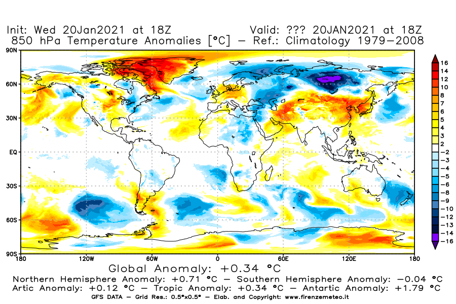 Mappa di analisi GFS - Anomalia Temperatura [°C] a 850 hPa in World
									del 20/01/2021 18 <!--googleoff: index-->UTC<!--googleon: index-->