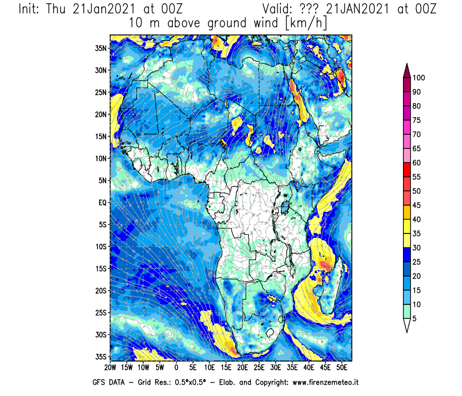 Mappa di analisi GFS - Velocità del vento a 10 metri dal suolo [km/h] in Africa
							del 21/01/2021 00 <!--googleoff: index-->UTC<!--googleon: index-->